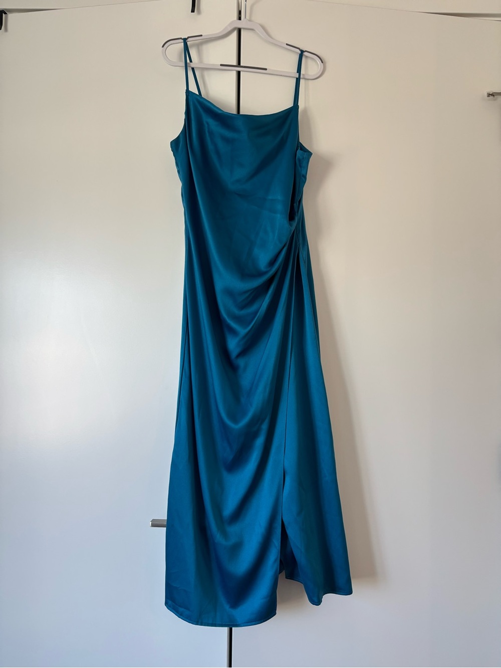 Satin Teal Midi Slip Dress with Draped Side Detail - Picture 1 of 6
